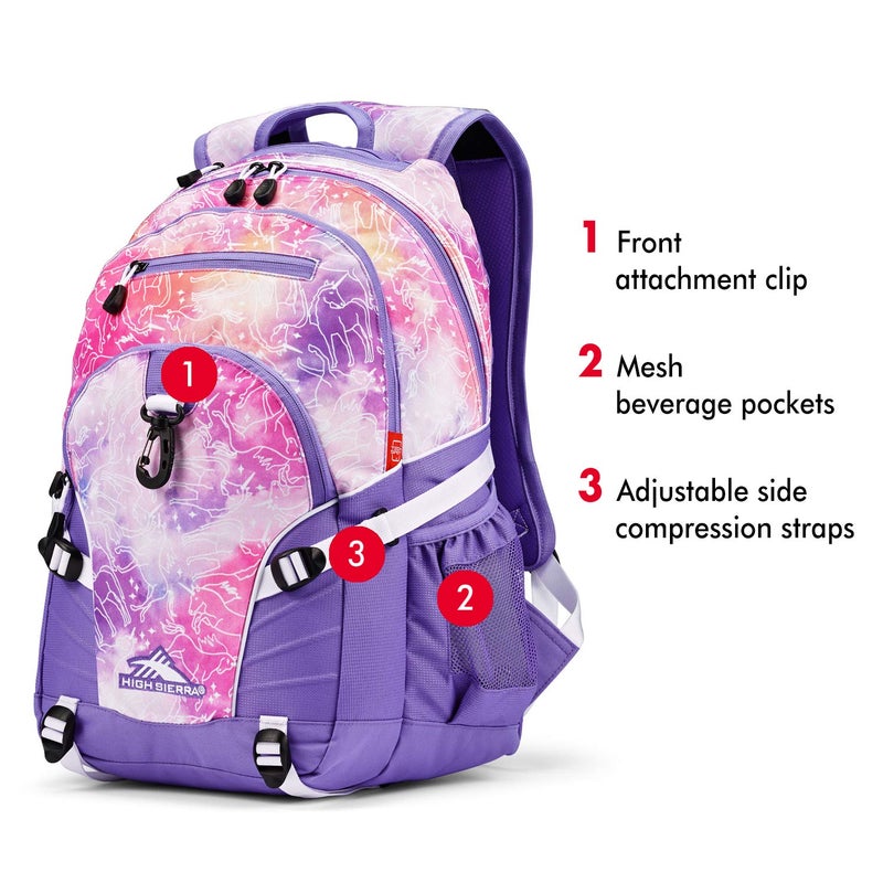 High Sierra Loop Backpack, Travel, or Work Bookbag with tablet sleeve, One Size, Unicorn Clouds/Lavender/White - Image 2